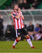 20 May 2024; Paul McMullan of Derry City reacts after a missed chance during the SSE Airtricity Men's Premier Division match between Shamrock Rovers and Derry City at Tallaght Stadium in Dublin. Photo by Ramsey Cardy/Sportsfile