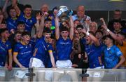 20 May 2024; Longford captain Mark Cooney, centre, lifts the trophy after the Electric Ireland Leinster GAA Football Minor Championship Final match between Longford and Dublin at Glenisk O'Connor Park in Tullamore, Offaly. Photo by David Fitzgerald/Sportsfile
