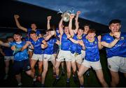 20 May 2024; Longford captain Mark Cooney, centre, celebrates with the trophy and team mates after the Electric Ireland Leinster GAA Football Minor Championship Final match between Longford and Dublin at Glenisk O'Connor Park in Tullamore, Offaly. Photo by David Fitzgerald/Sportsfile