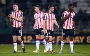 20 May 2024; Derry City players, from left, Cameron McJannet, Sam Todd, Michael Duffy and Sadou Diallo after their side's defeat in the SSE Airtricity Men's Premier Division match between Shamrock Rovers and Derry City at Tallaght Stadium in Dublin. Photo by Ramsey Cardy/Sportsfile