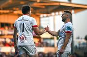 18 May 2024; Jacob Stockdale and John Cooney of Ulster celebrate during the United Rugby Championship match between Ulster and Leinster at Kingspan Stadium in Belfast. Photo by Harry Murphy/Sportsfile