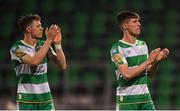 20 May 2024; Johnny Kenny, right, and Markus Poom of Shamrock Rovers acknowledges supporters after their side's victory the SSE Airtricity Men's Premier Division match between Shamrock Rovers and Derry City at Tallaght Stadium in Dublin. Photo by Shauna Clinton/Sportsfile