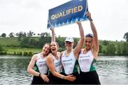 21 May 2024; The Ireland women's four team, from left, Emily Hegarty, Natalie Long, Imogen Magner and Eimear Lambe after winning the Women's Four Final during the Final Olympic Qualification Regatta to qualify for the Paris 2024 Olympic Games at Lucerne in Switzerland. Photo by Clara O'Brien/Sportsfile