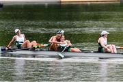 21 May 2024; The Ireland women's four team, from left, Imogen Magner, Eimear Lambe, Natalie Long, and Emily Hegarty celebrate after winning the Women's Four Final during the Final Olympic Qualification Regatta to qualify for the Paris 2024 Olympic Games at Lucerne in Switzerland. Photo by Clara O'Brien/Sportsfile