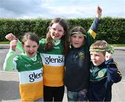 22 May 2024; Offaly supporters, from left, Sally, six years, and Emma Bracken, 8, with their cousins, Amy, 7, and David Lee, 5, from Ballyboy Kilcormac before the oneills.com Leinster GAA Hurling U20 Championship final match between Dublin and Offaly at Laois Hire O'Moore Park in Portlaoise, Laois. Photo by Ray McManus/Sportsfile