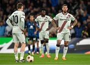 22 May 2024; Robert Andrich, right, and Florian Wirtz of Bayer 04 Leverkusen, 10, reacts after their side concede their third goal during the 2023/24 UEFA Europa League final between Atalanta BC and Bayer 04 Leverkusen at the Dublin Arena in Dublin, Ireland. Photo by Brendan Moran/Sportsfile