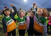 22 May 2024; Offaly supporters, Conor Doyle, ten years, Lisa Maria Newton, 10, Jess Mahon, 10, and Kate Doyle, 10, after the oneills.com Leinster GAA Hurling U20 Championship final match between Dublin and Offaly at Laois Hire O'Moore Park in Portlaoise, Laois. Photo by Ray McManus/Sportsfile