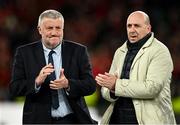 22 May 2024; FAI President Paul Cooke, left, and Bayer 04 Leverkusen chief executive Fernando Carro after the 2023/24 UEFA Europa League final between Atalanta BC and Bayer 04 Leverkusen at the Dublin Arena in Dublin, Ireland. Photo by Brendan Moran/Sportsfile