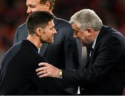 22 May 2024; Bayer 04 Leverkusen coach Xabi Alonso, left, and FAI President Paul Cooke after the 2023/24 UEFA Europa League final between Atalanta BC and Bayer 04 Leverkusen at the Dublin Arena in Dublin, Ireland. Photo by Brendan Moran/Sportsfile