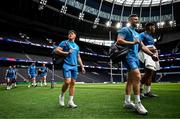 24 May 2024; Dan Sheehan, left, Robbie Henshaw and Michael Ala'alatoa during a Leinster Rugby captain's run at the Tottenham Hotspur Stadium in London, England. Photo by Harry Murphy/Sportsfile