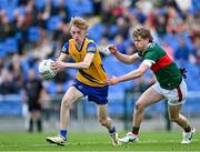 24 May 2024; Declan Kennedy of Roscommon in action against Mark Noonan of Mayo during the Connacht GAA Football Minor Championship final match between Mayo and Roscommon at Dr Hyde Park in Roscommon. Photo by Stephen Marken/Sportsfile