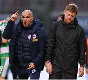 24 May 2024; Shelbourne assistant manager Joey O'Brien, left, and manager Damien Duff during the SSE Airtricity Men's Premier Division match between Shamrock Rovers and Shelbourne at Tallaght Stadium in Dublin. Photo by Stephen McCarthy/Sportsfile