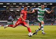 24 May 2024; John O'Sullivan of Shelbourne in action against Aaron Greene of Shamrock Rovers during the SSE Airtricity Men's Premier Division match between Shamrock Rovers and Shelbourne at Tallaght Stadium in Dublin. Photo by Stephen McCarthy/Sportsfile