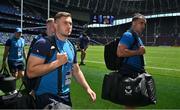 25 May 2024; Jordan Larmour of Leinster, left, and James Lowe of Leinster arrive before the Investec Champions Cup final between Leinster and Toulouse at the Tottenham Hotspur Stadium in London, England. Photo by Brendan Moran/Sportsfile