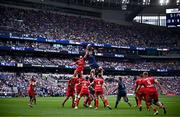25 May 2024; James Ryan of Leinster takes possession ahead of Fancois Cros of Toulouse during the Investec Champions Cup final between Leinster and Toulouse at the Tottenham Hotspur Stadium in London, England. Photo by Harry Murphy/Sportsfile