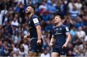 25 May 2024; Ciarán Frawley, right, of Leinster watches his late drop goal attempt during the Investec Champions Cup final between Leinster and Toulouse at the Tottenham Hotspur Stadium in London, England. Photo by Harry Murphy/Sportsfile