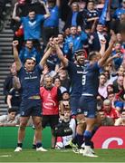 25 May 2024; Leinster players James Lowe, Caelan Doris and Jamison Gibson-Park celebrate their side's first try during the Investec Champions Cup final between Leinster and Toulouse at the Tottenham Hotspur Stadium in London, England. Photo by Harry Murphy/Sportsfile