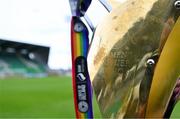 25 May 2024; A general view of the women's premier division trophy during the SSE Airtricity LGBT Ireland Football Takeover event at Tallaght Stadium in Dublin before the SSE Airtricity Women's Premier Division match between Shamrock Rovers FC and Galway United FC. Photo by Tyler Miller/Sportsfile