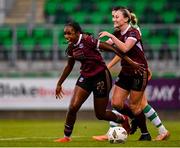 25 May 2024; Eve Dossen of Galway United, left, celebrates with team-mate Lynsey McKey after scoring their side's first goal during the SSE Airtricity Women's Premier Division match between Shamrock Rovers and Galway United at Tallaght Stadium in Dublin. Photo by Tyler Miller/Sportsfile