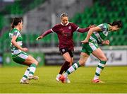 25 May 2024; Julie-Ann Russell of Galway United in action against Melissa O'Kane, left, and Jessica Hennessy of Shamrock Rovers during the SSE Airtricity Women's Premier Division match between Shamrock Rovers and Galway United at Tallaght Stadium in Dublin. Photo by Tyler Miller/Sportsfile