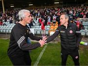 25 May 2024; Donegal manager Jim McGuinness and Tyrone joint-manager Brian Dooher after the GAA Football All-Ireland Senior Championship Round 1 match between Donegal and Tyrone at MacCumhaill Park in Ballybofey, Donegal. Photo by Stephen McCarthy/Sportsfile