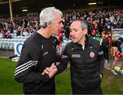 25 May 2024; Donegal manager Jim McGuinness and Tyrone joint-manager Brian Dooher after the GAA Football All-Ireland Senior Championship Round 1 match between Donegal and Tyrone at MacCumhaill Park in Ballybofey, Donegal. Photo by Stephen McCarthy/Sportsfile