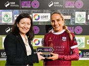 25 May 2024; Julie-Ann Russell of Galway United is presented with the player of the match award by LGBT Ireland head of fundraising and partnerships Claire Murphy during the SSE Airtricity LGBT Ireland Football Takeover event at Tallaght Stadium in Dublin after the SSE Airtricity Women's Premier Division match between Shamrock Rovers FC and Galway United FC. Photo by Tyler Miller/Sportsfile