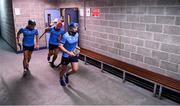 26 May 2024; Dublin captain Conor Burke leads his side out ahead of the Leinster GAA Hurling Senior Championship Round 5 match between Galway and Dublin at Pearse Stadium in Galway. Photo by Daire Brennan/Sportsfile