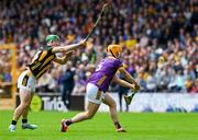 26 May 2024; Damien Reck of Wexford is tackled by Martin Keoghan of Kilkenny during the Leinster GAA Hurling Senior Championship Round 5 match between Kilkenny and Wexford at UPMC Nowlan Park in Kilkenny. Photo by Ray McManus/Sportsfile