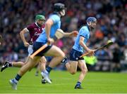 26 May 2024; Brian Hayes of Dublin in action against David Burke of Galway during the Leinster GAA Hurling Senior Championship Round 5 match between Galway and Dublin at Pearse Stadium in Galway. Photo by John Sheridan/Sportsfile