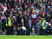 26 May 2024; Galway manager Henry Shefflin argues with match officials after David Burke received a red card during the Leinster GAA Hurling Senior Championship Round 5 match between Galway and Dublin at Pearse Stadium in Galway. Photo by Daire Brennan/Sportsfile