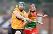 26 May 2024; Niall McKenna of Antrim in action against Tony Lawlor of Carlow during the Leinster GAA Hurling Senior Championship Round 5 match between Antrim and Carlow at Corrigan Park in Belfast. Photo by Shauna Clinton/Sportsfile