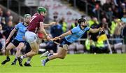 26 May 2024; Sean Currie of Dublin in action against Cianan Fahy of Galway during the Leinster GAA Hurling Senior Championship Round 5 match between Galway and Dublin at Pearse Stadium in Galway. Photo by Daire Brennan/Sportsfile