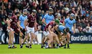26 May 2024; Sean Currie of Dublin in action against Adrian Tuohey of Galway during the Leinster GAA Hurling Senior Championship Round 5 match between Galway and Dublin at Pearse Stadium in Galway. Photo by Daire Brennan/Sportsfile
