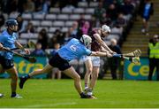 26 May 2024; Declan McLoughlin of Galway shoots to score his side's first goal despite the efforts of Conor Donohoe of Dublin  during the Leinster GAA Hurling Senior Championship Round 5 match between Galway and Dublin at Pearse Stadium in Galway. Photo by John Sheridan/Sportsfile