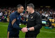 26 May 2024; The two managers, Wexford manager Keith Rossiter, left, and Kilkenny manager Derek Lyng, shake hands after the Leinster GAA Hurling Senior Championship Round 5 match between Kilkenny and Wexford at UPMC Nowlan Park in Kilkenny. Photo by Ray McManus/Sportsfile