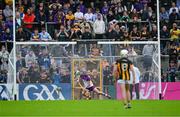 26 May 2024; Wexford goalkeeper Mark Fanning is beaten by this penalty shot, in the 52nd minute, during the Leinster GAA Hurling Senior Championship Round 5 match between Kilkenny and Wexford at UPMC Nowlan Park in Kilkenny. Photo by Ray McManus/Sportsfile
