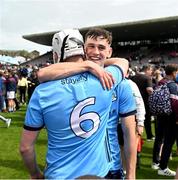 26 May 2024; Conor Donohoe, left, and Brian Hayes of Dublin celebrate after the Leinster GAA Hurling Senior Championship Round 5 match between Galway and Dublin at Pearse Stadium in Galway. Photo by Daire Brennan/Sportsfile