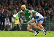 26 May 2024; Tom Morrissey of Limerick in action against Jack Prendergast of Waterford during the Munster GAA Hurling Senior Championship Round 5 match between Limerick and Waterford at TUS Gaelic Grounds in Limerick Photo by Sam Barnes/Sportsfile
