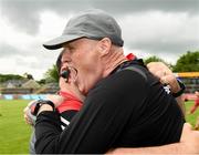 26 May 2024;The Derry manager Damian McErlain celebrate after winning  the Electric Ireland Ulster GAA Football Minor Championship final match between Armagh and Derry at O'Neill's Healy Park in Omagh, Tyrone. Photo by Philip Fitzpatrick/Sportsfile