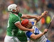 26 May 2024; Aaron Gillane of Limerick in action against Tadhg de Burca of Waterford during the Munster GAA Hurling Senior Championship Round 5 match between Limerick and Waterford at TUS Gaelic Grounds in Limerick Photo by Tom Beary/Sportsfile