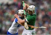 26 May 2024; Kyle Hayes of Limerick is tackled by Padraig Fitzgerald of Waterford during the Munster GAA Hurling Senior Championship Round 5 match between Limerick and Waterford at TUS Gaelic Grounds in Limerick Photo by Tom Beary/Sportsfile
