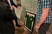 27 May 2024; The FAI recognises the 1924 Olympic Games matches as the first men's international fixtures. Pictured is a framed jersey and a newspaper article at Castleknock Hotel in Dublin. Photo by David Fitzgerald/Sportsfile