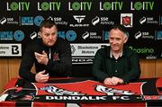 27 May 2024; Jon Daly, left, speaks to the media, alongside Dundalk FC CEO Peter Halpin, after being unveiled as the new Dundalk manager at Oriel Park in Dundalk, Louth. Photo by Sam Barnes/Sportsfile