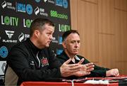 27 May 2024; Jon Daly, left, speaks to the media, alongside Dundalk FC CEO Peter Halpin, after being unveiled as the new Dundalk manager at Oriel Park in Dundalk, Louth. Photo by Sam Barnes/Sportsfile