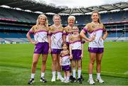 29 May 2024; In attendance are, from left, Avril Holmes, Niamh Carmody of Kerry, Roísín Whelan, age 3, Aryia Holmes, age 10, Joan O'Reilly and Clodagh McCambridge of Armagh at the LGFA launch of the 50th anniversary commemorative jersey at Croke Park in Dublin. Photo by David Fitzgerald/Sportsfile