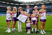 29 May 2024; LGFA Chief Executive Officer Helen O'Rourke and Uachtarán Cumann Peil Gael na mBan, Mícheál Naughton, centre, with, from left, Niamh Carmody of Kerry, Avril Holmes, Roísín Whelan, age 3, Aryia Holmes, age 10, Joan O'Reilly and Clodagh McCambridge of Armagh at the LGFA launch of the 50th anniversary commemorative jersey at Croke Park in Dublin. Photo by David Fitzgerald/Sportsfile