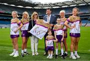 29 May 2024; LGFA Chief Executive Officer Helen O'Rourke and Uachtarán Cumann Peil Gael na mBan, Mícheál Naughton, centre, with, from left, Niamh Carmody of Kerry, Avril Holmes, Roísín Whelan, age 3, Aryia Holmes, age 10, Joan O'Reilly and Clodagh McCambridge of Armagh at the LGFA launch of the 50th anniversary commemorative jersey at Croke Park in Dublin. Photo by David Fitzgerald/Sportsfile