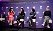 28 May 2024; Pictured at the launch of the 2024 TG4 All-Ireland Ladies Football Championships in Dublin, is Máire Ní Bhraonáin with, from left, Grace Clifford of Kildare, Martha Jordan of London and Aoibhinn McHugh of Tyrone . All roads lead to Croke Park for the 2024 TG4 All-Ireland Junior, Intermediate and Senior Finals on Sunday August 4, as the Ladies Gaelic Football Association also gets set to celebrate its 50th anniversary on July 18, 2024. #ProperFan. Photo by David Fitzgerald/Sportsfile