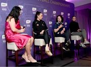 28 May 2024; Pictured at the launch of the 2024 TG4 All-Ireland Ladies Football Championships in Dublin, is Máire Ní Bhraonáin with, from left, Grace Clifford of Kildare, Martha Jordan of London and Aoibhinn McHugh of Tyrone . All roads lead to Croke Park for the 2024 TG4 All-Ireland Junior, Intermediate and Senior Finals on Sunday August 4, as the Ladies Gaelic Football Association also gets set to celebrate its 50th anniversary on July 18, 2024. #ProperFan. Photo by David Fitzgerald/Sportsfile